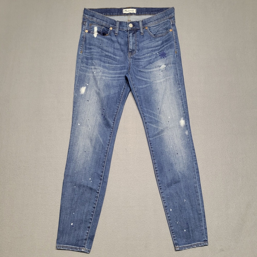 Madewell Jeans Women 31 Blue Wash Paint Splatter Distressed Skinny Leg Casual - Picture 1 of 16